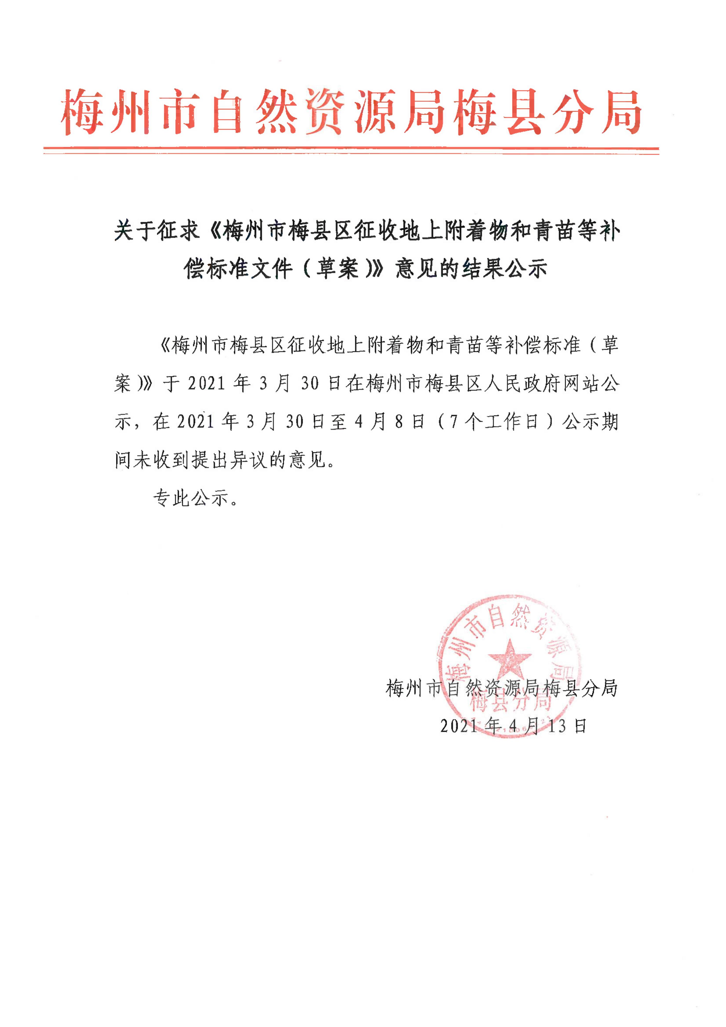 关于征求《梅州市梅县区征收地上附着物和青苗等补偿标准文件（草案）》意见的结果公示(1)_1.jpg