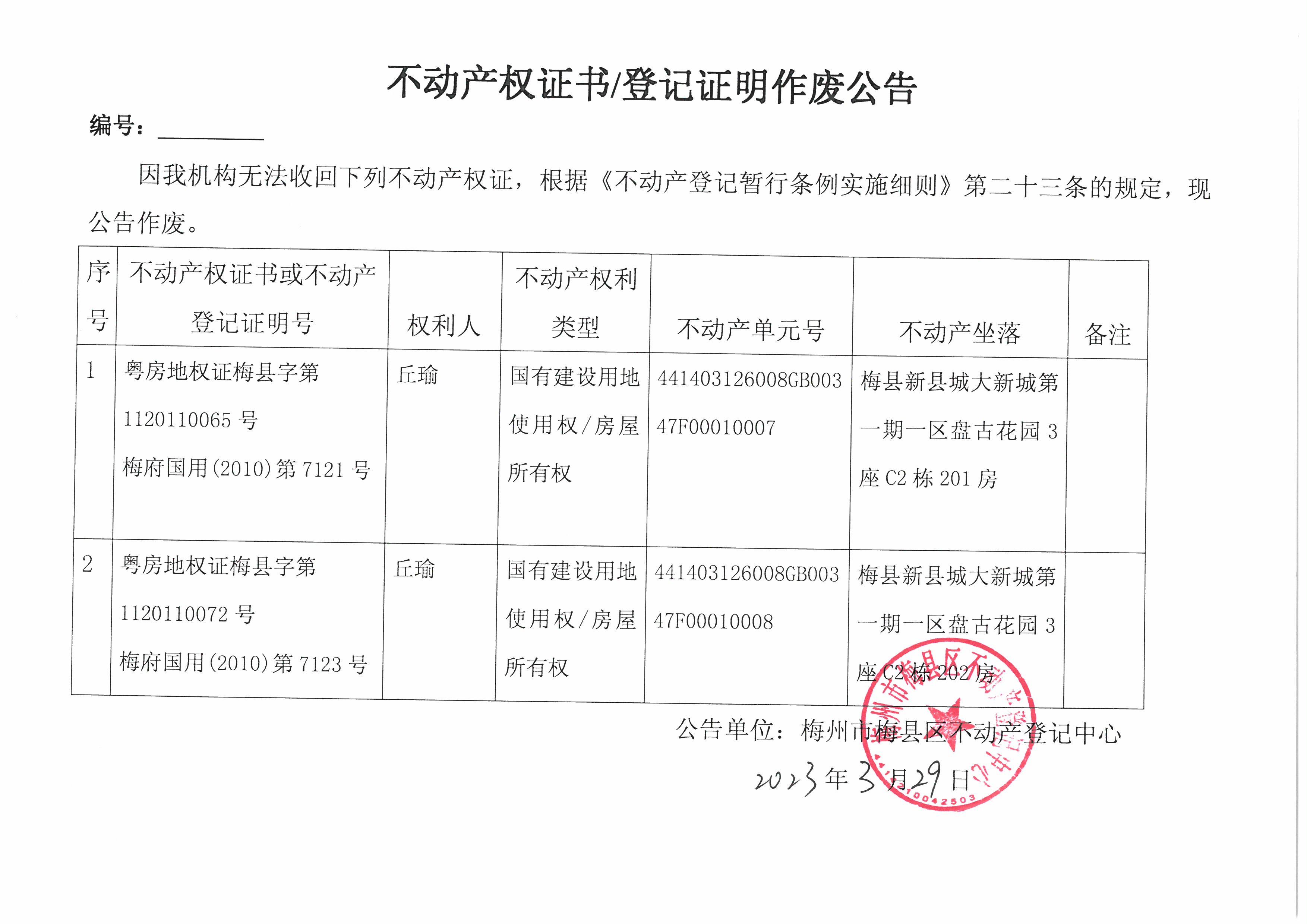 作废公告-丘瑜-粤房地权证梅县字第1120110065号，梅府国用（2010）第7121号-粤房地权证梅县字第1120110072号，梅府国用（2010）第7123号.jpg