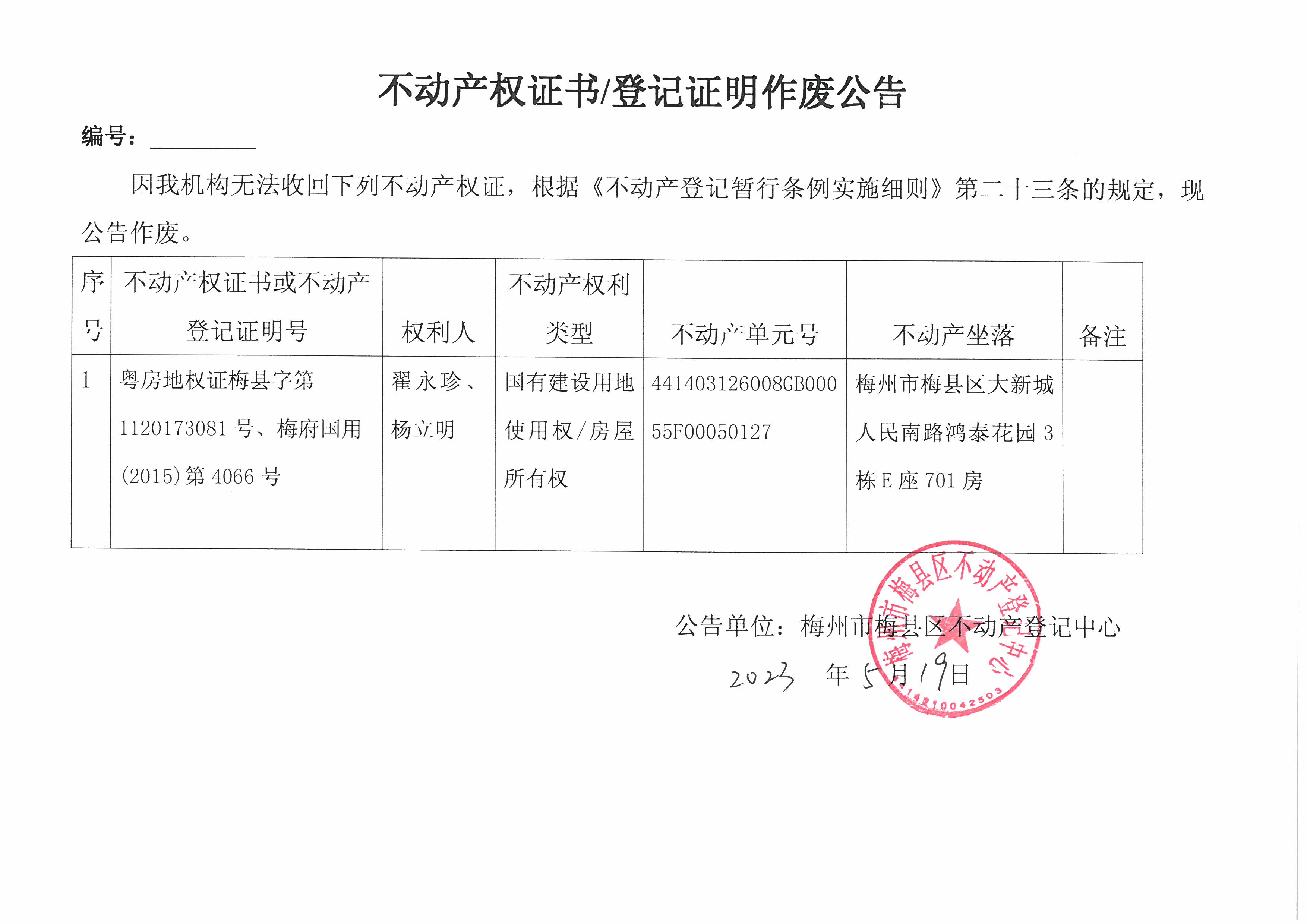 作废公告-翟永珍、杨立明-粤房地权梅县字第1120173081号，梅府国用（2015）第4066号.jpg
