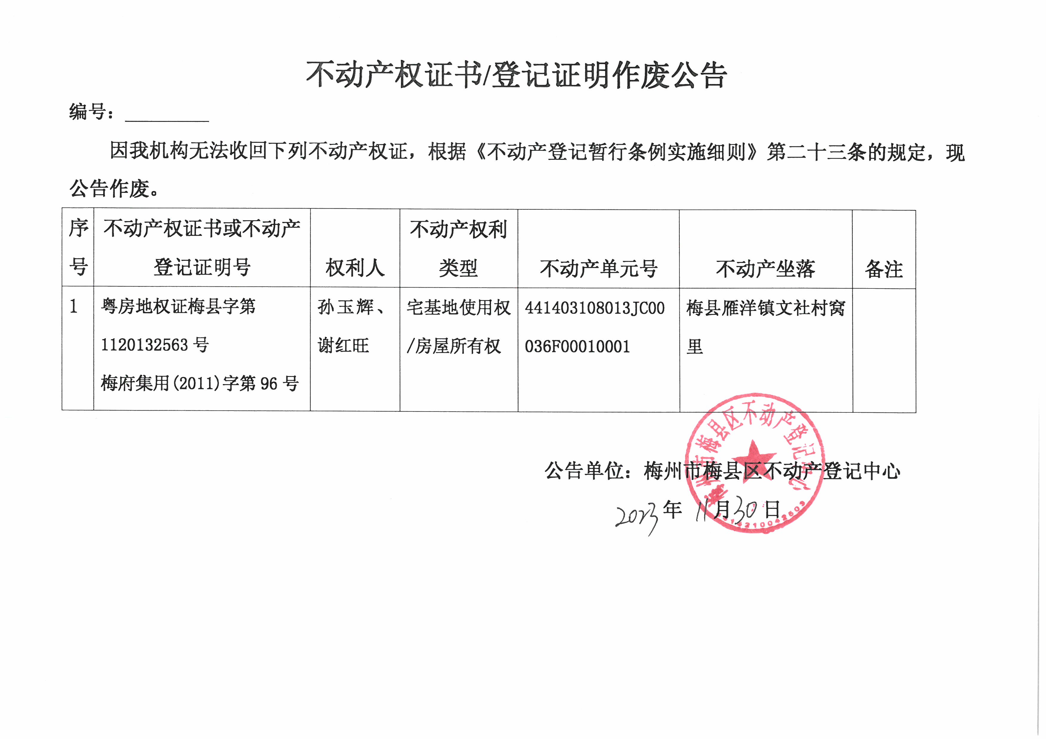 作废公告-孙玉辉、谢红旺-粤房地权证梅县字第1120132563，梅府集用（2011）字第96号.jpg