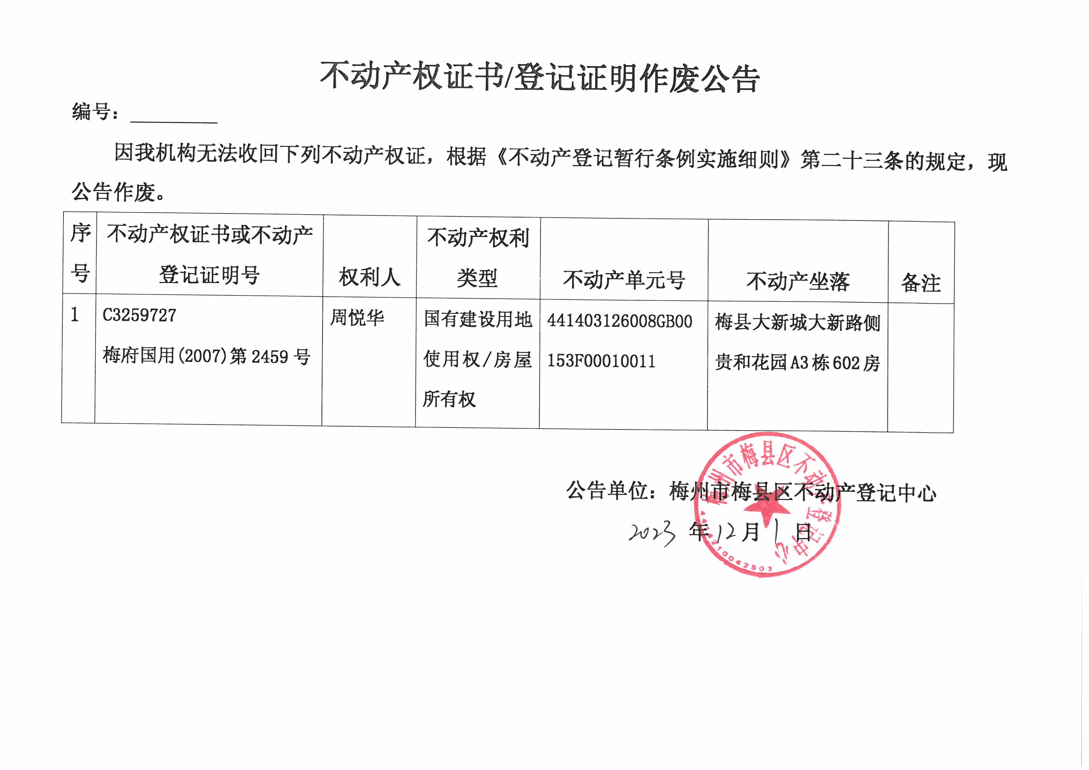 作废公告- 周悦华 -C3259727，梅府国用（2007）第2459号.jpg