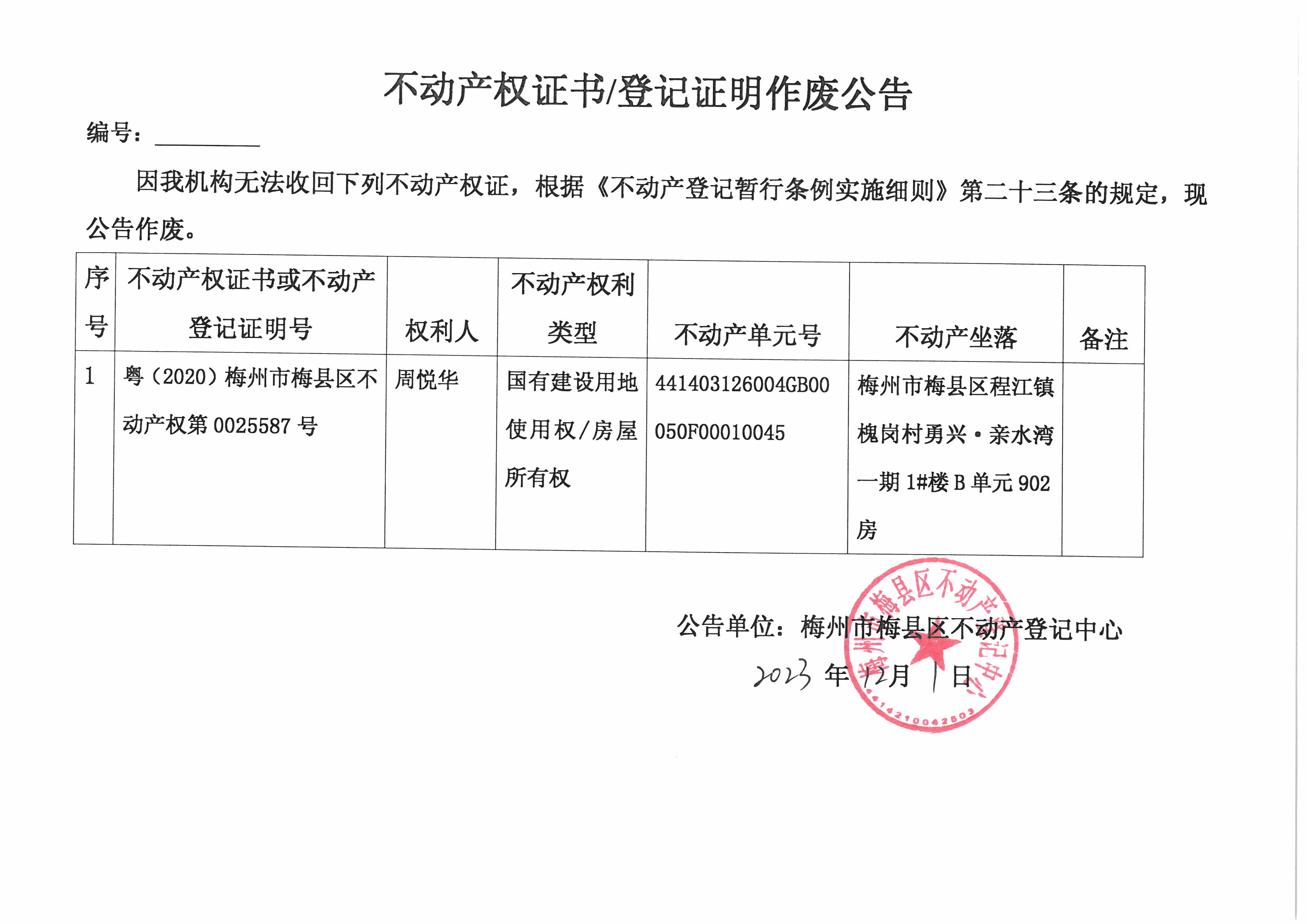 作废公告- 周悦华 -粤（2020）梅州市梅县区不动产权第0025587号.jpg